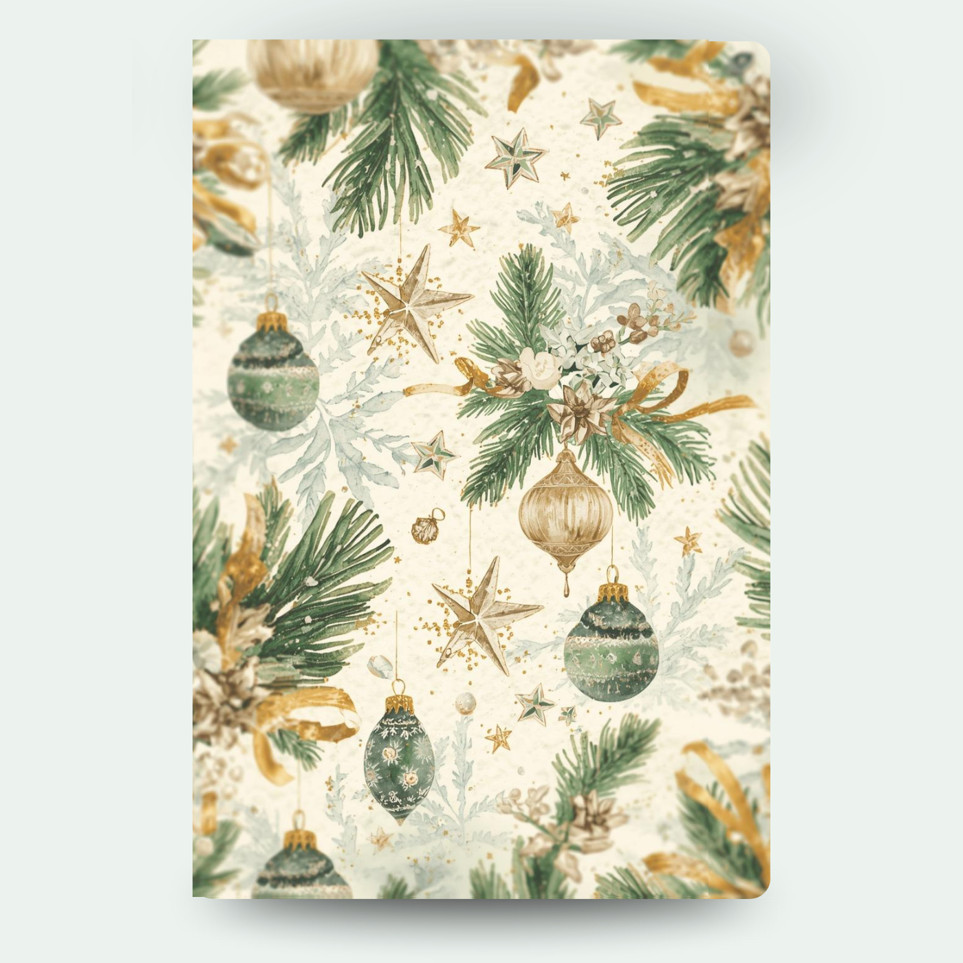 Goldgrüne Weihnachtsornamente, Sterne und Tannenzweige im klassischen Muster – festliches Motiv für außergewöhnliche Weihnachtskarten mit Wackelbild.