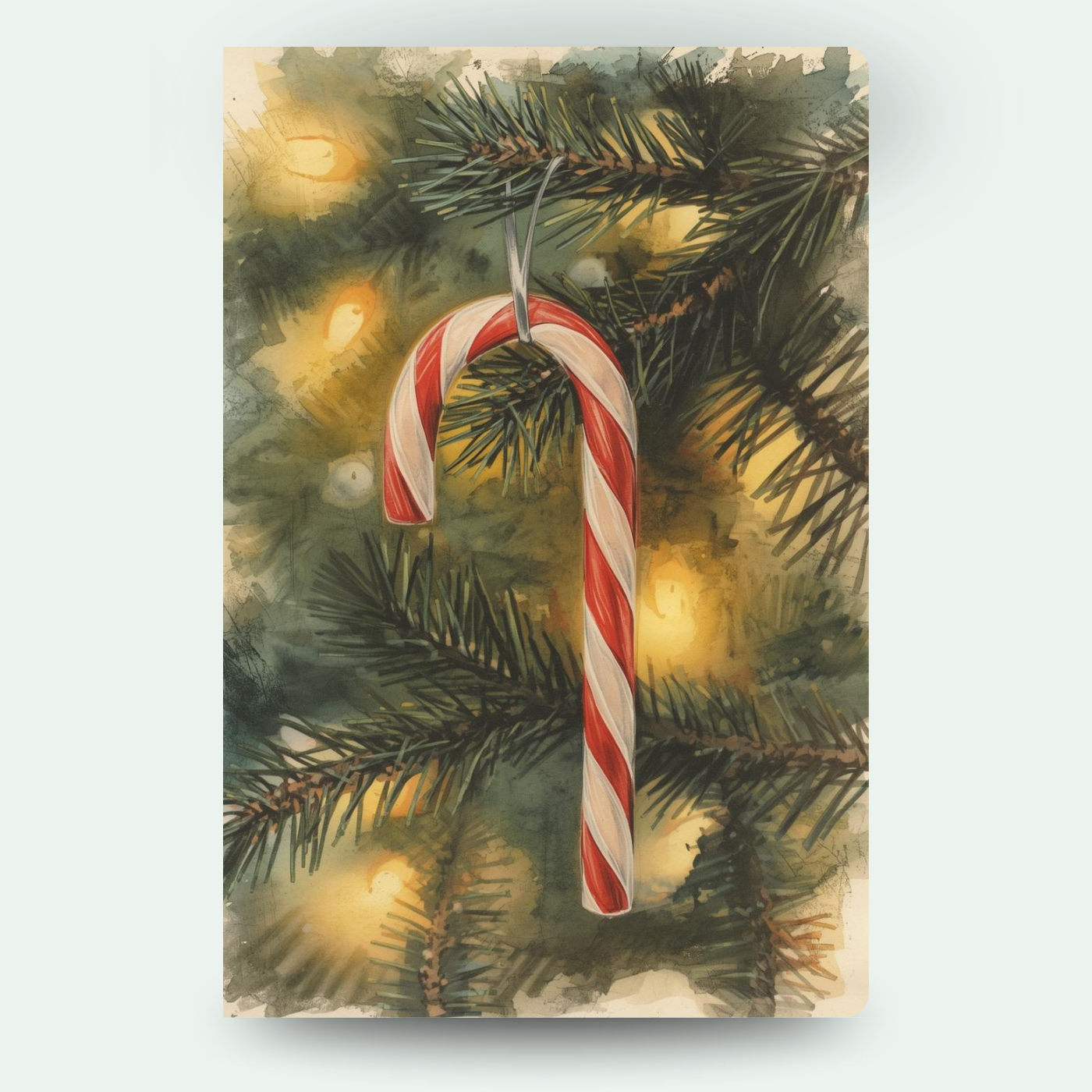 Rote Zuckerstange am Weihnachtsbaum zwischen warmen Lichtern – festliches Motiv für individuelle Weihnachtskarten mit Wackelbild.