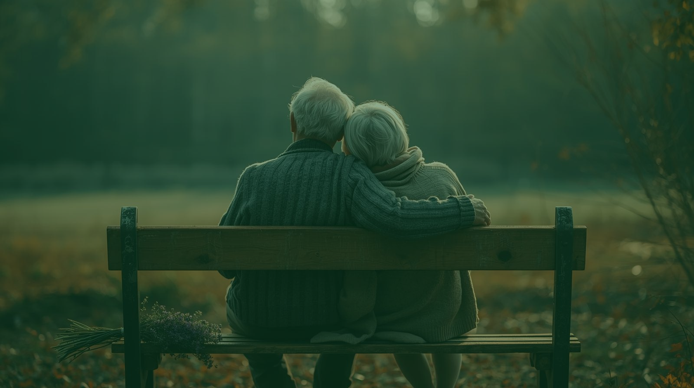 Zärtliche Szene eines älteren Paars auf einer Bank, umgeben von warmem Licht – Inspiration für eine individuelle Liebesgrußkarte mit Wackelbild von Magische Karten.