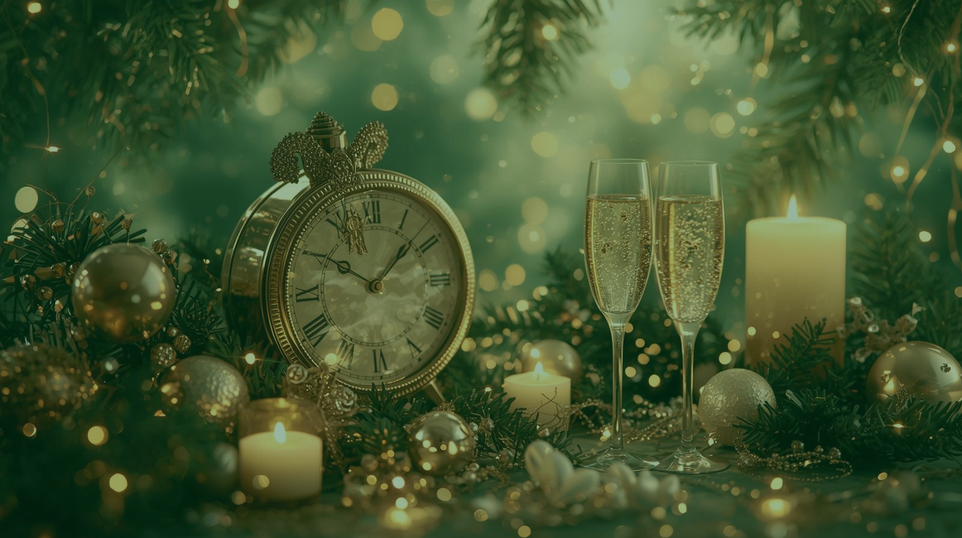 Magische Neujahrsszene mit goldener Uhr kurz vor Mitternacht, funkelndem Konfetti, Champagnergläsern und Kerzenschein in Grün-Gold-Creme-Farben – festliche Atmosphäre zum Jahreswechsel, ideal für individuelle Wackelbild-Grußkarten.