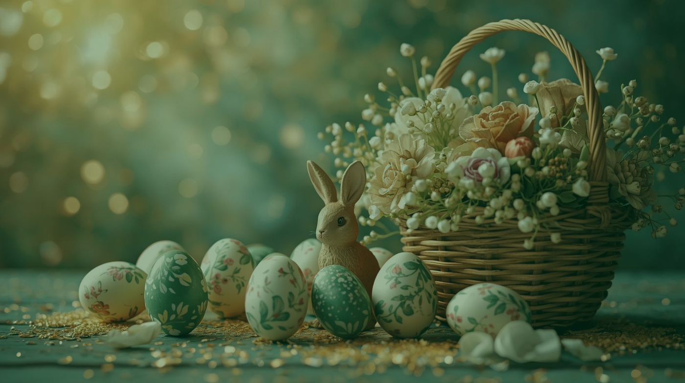 Magische Osterszene mit bemalten Eiern, Osterhasenfigur, Blumen und goldenem Konfetti in Grün-Gold-Creme-Farben – festliche Frühlingsatmosphäre voller Freude und Magie, passend zu individuellen Wackelbild-Osterkarten.