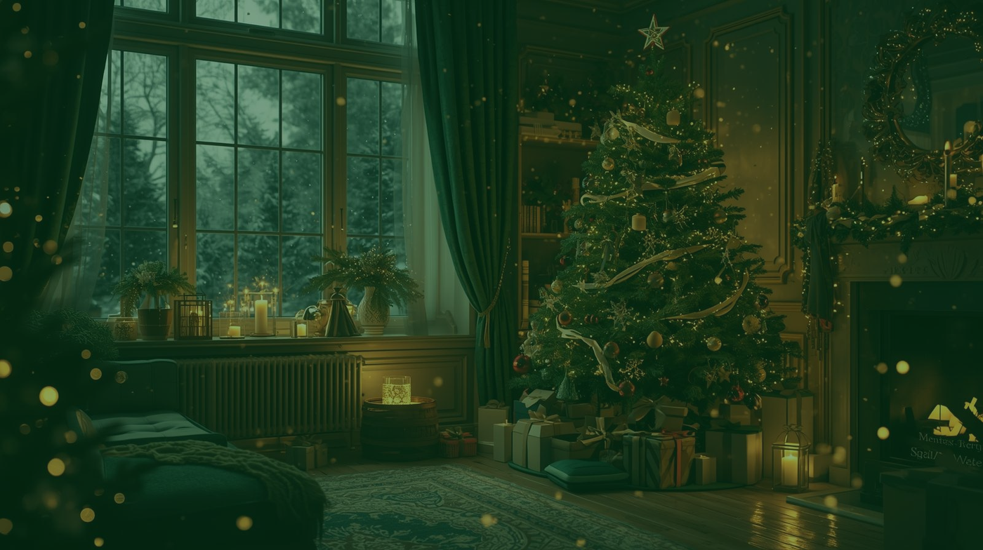 Magische Weihnachtsstimmung mit warmem Licht, Tannenzweigen und goldenen Akzenten – festliche Szene in Grün und Gold, die die Atmosphäre unserer individuellen Wackelbild-Weihnachtskarten widerspiegelt.
