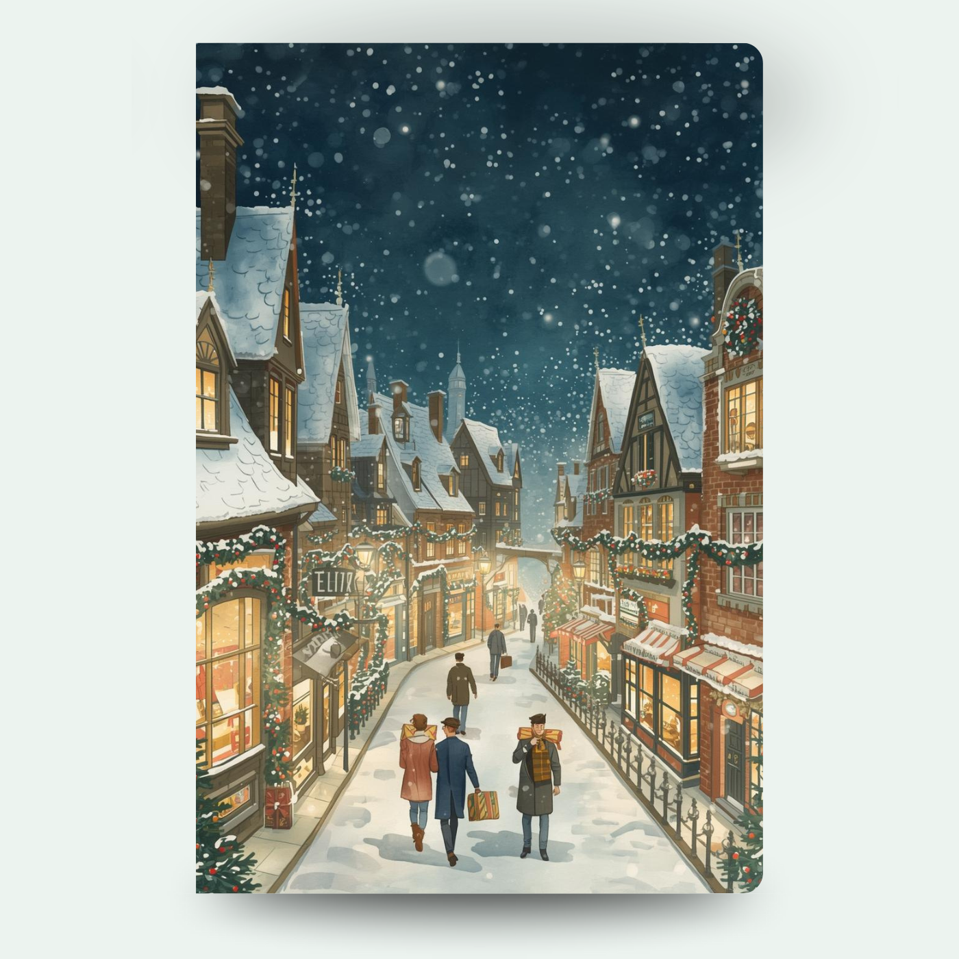 Verschneite Altstadtgasse mit warmen Lichtern, Menschen und weihnachtlicher Dekoration – stimmungsvolles Motiv für personalisierte Weihnachtskarten mit Wackelbild.