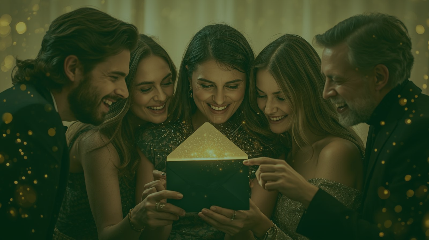 Gruppe Erwachsener entdeckt gemeinsam einen magischen dunkelgrünen Umschlag – sinnbildlich für Wackelbild individuell bestellen, magische Wackelkarte mit eigenen Fotos als Fotogeschenk.