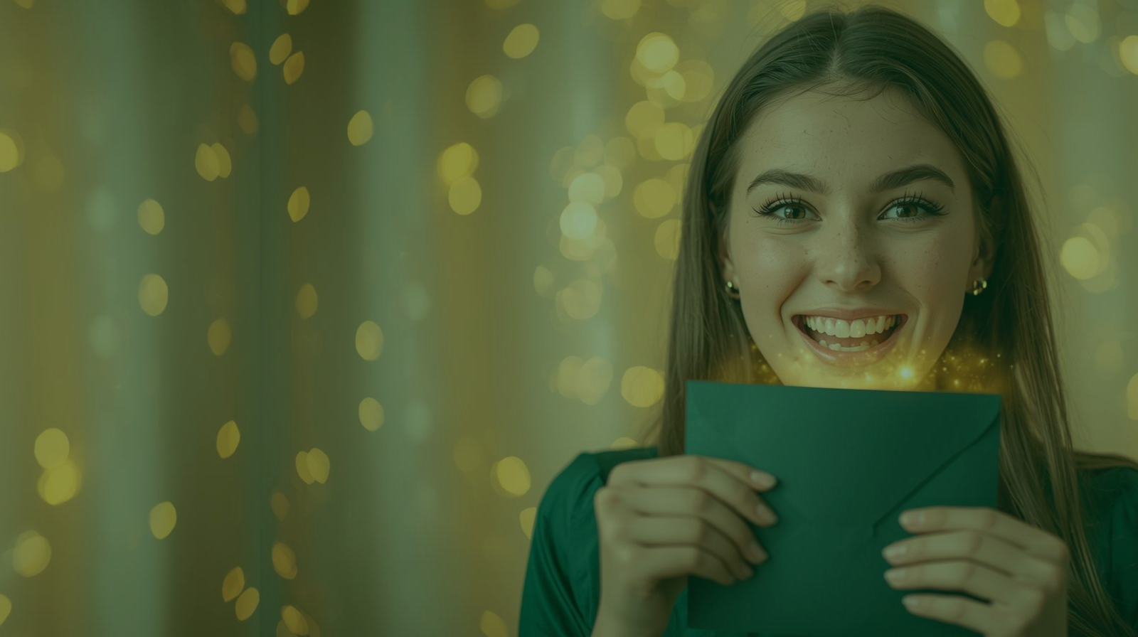 Junge Frau öffnet einen dunkelgrünen Umschlag, aus dem goldener magischer Lichtschein strahlt – Symbol für die Freude und Magie eines personalisierten Wackelbilds.