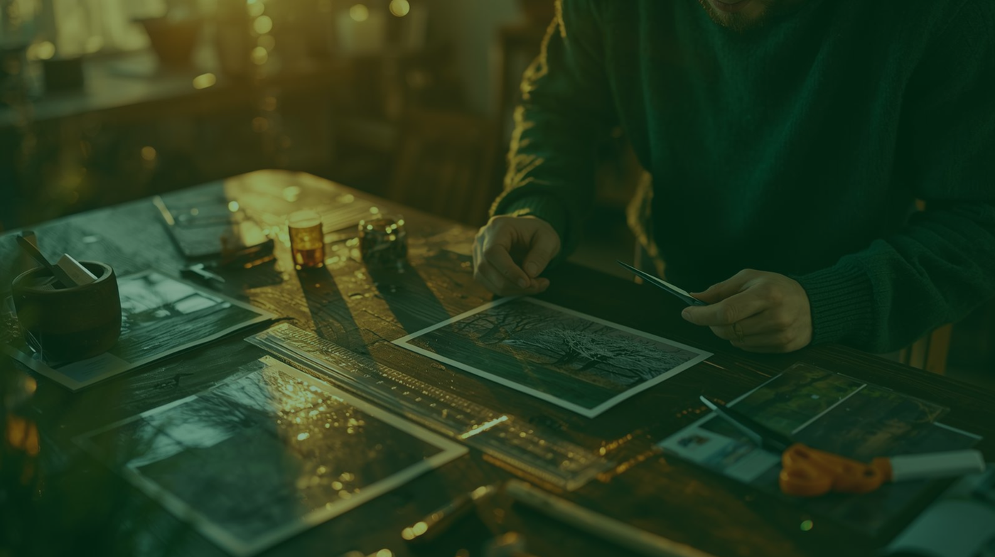 Person bastelt ein Wackelbild mit Lentikularfolie auf dunklem Holztisch – Schritt-für-Schritt-Anleitung zum Wackelbild selber drucken von Magische Karten.