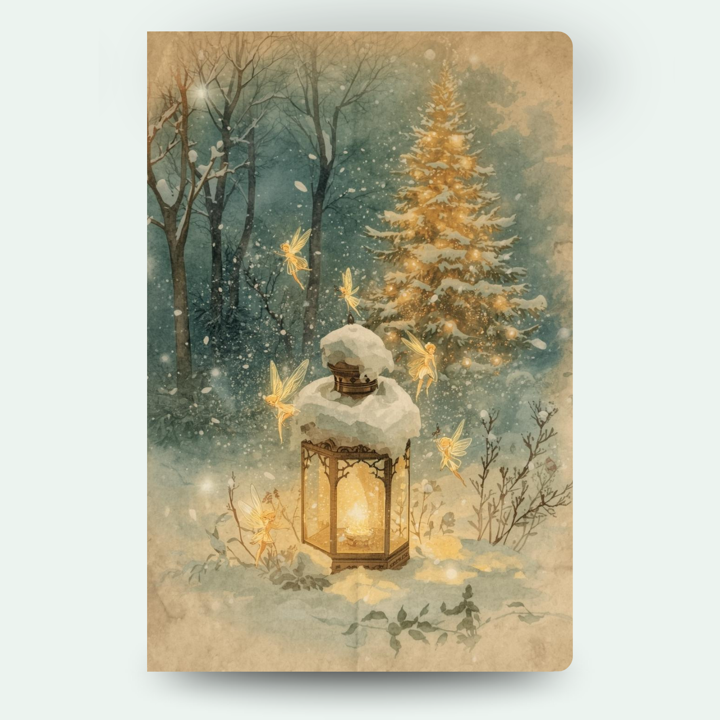 Laterne im verschneiten Wald, umgeben von warmen Lichtern und kleinen Feen – märchenhaftes Motiv für individuelle Weihnachtskarten mit Wackelbild.