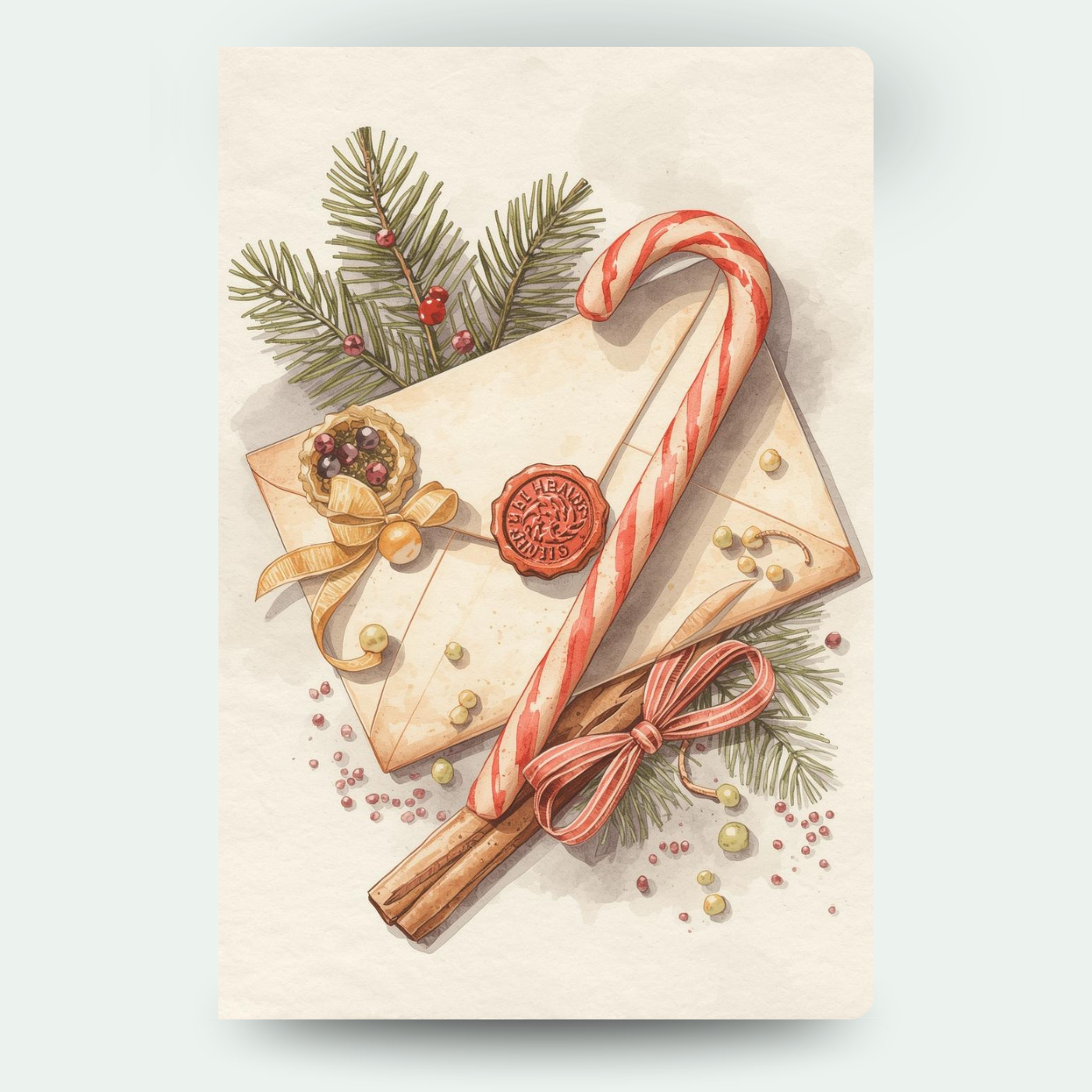 Weihnachtlicher Brief mit Siegel, Zuckerstange, Tannenzweigen und Zimt – stimmungsvolles Motiv für individuelle Weihnachtsgrußkarten mit Wackelbild.