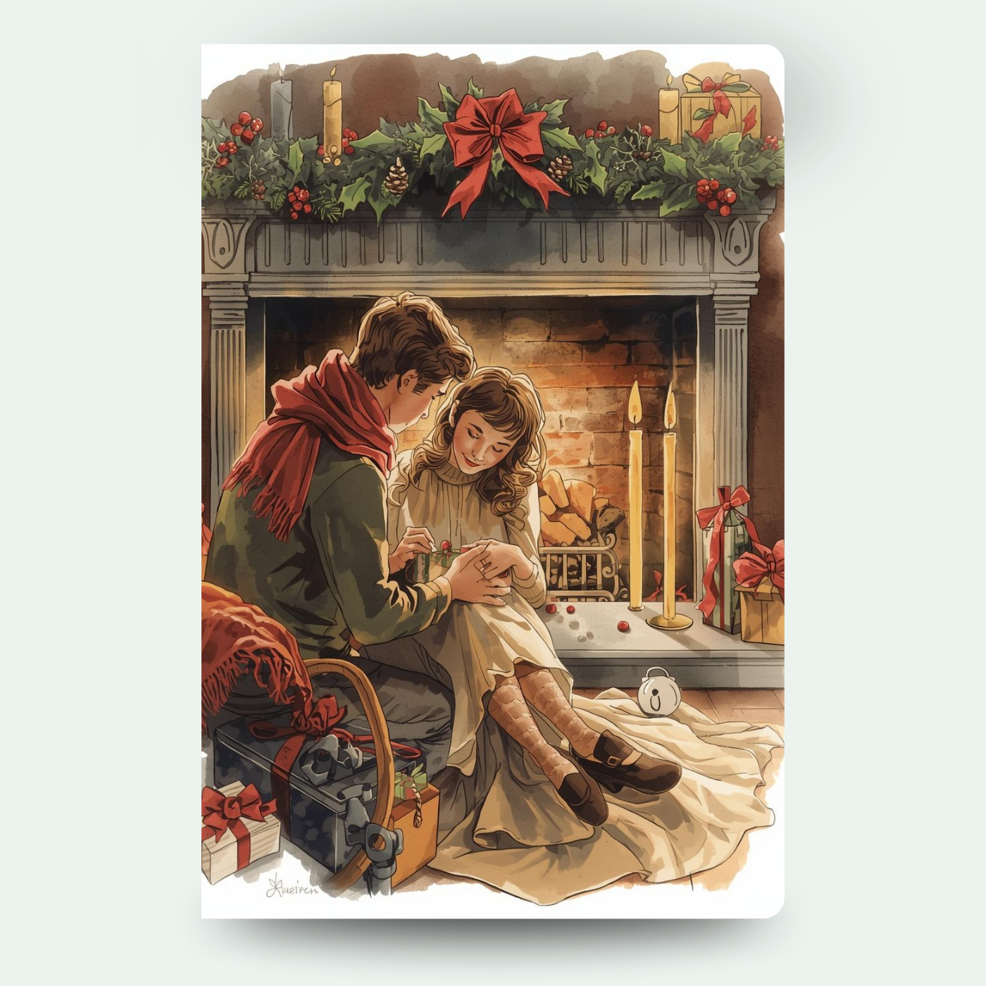 Weihnachtlicher Kaminmoment: zwei Personen im Kerzenschein, festlich geschmückt mit Tannengrün und roten Schleifen – warmes Motiv für individuelle Wackelbild-Weihnachtskarten.