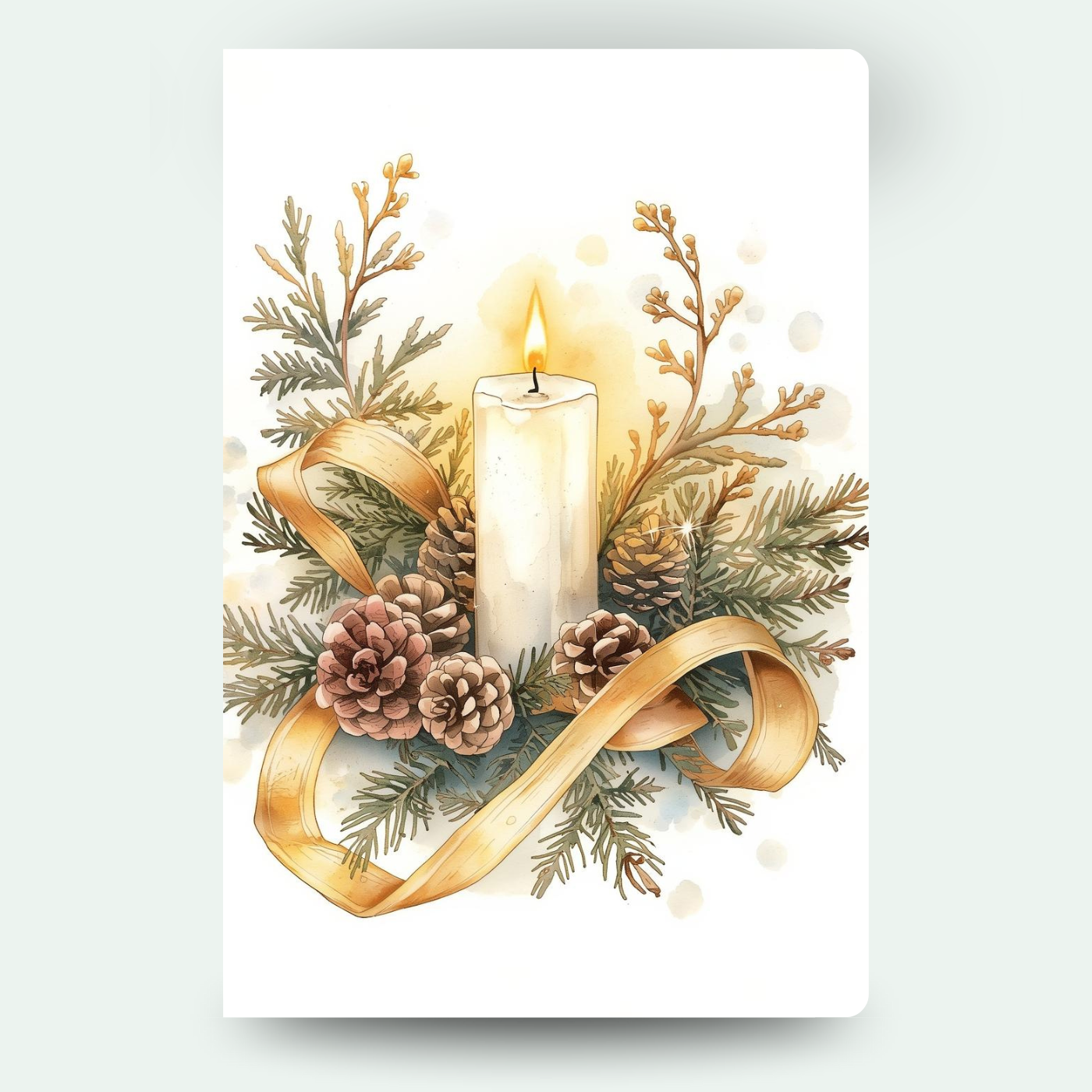 Weiße Kerze mit Tannenzweigen, Zapfen und goldenem Band – klassisches Motiv für individuelle Wackelbild-Weihnachtskarten.