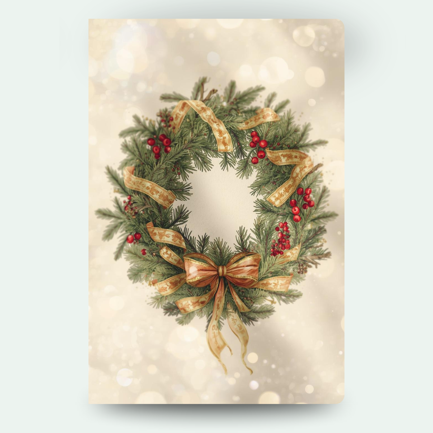 Weihnachtskranz mit roten Beeren und goldenen Schleifen auf hellem Hintergrund – klassisches Motiv für individuelle Weihnachtskarten mit Wackelbild.