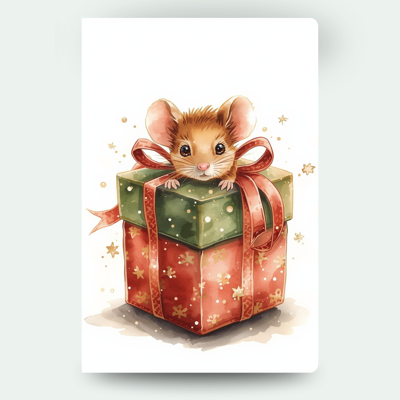 Kleine Maus in einer weihnachtlich verzierten Geschenkbox – fröhliches Motiv für individuelle Wackelbild-Weihnachtskarten.