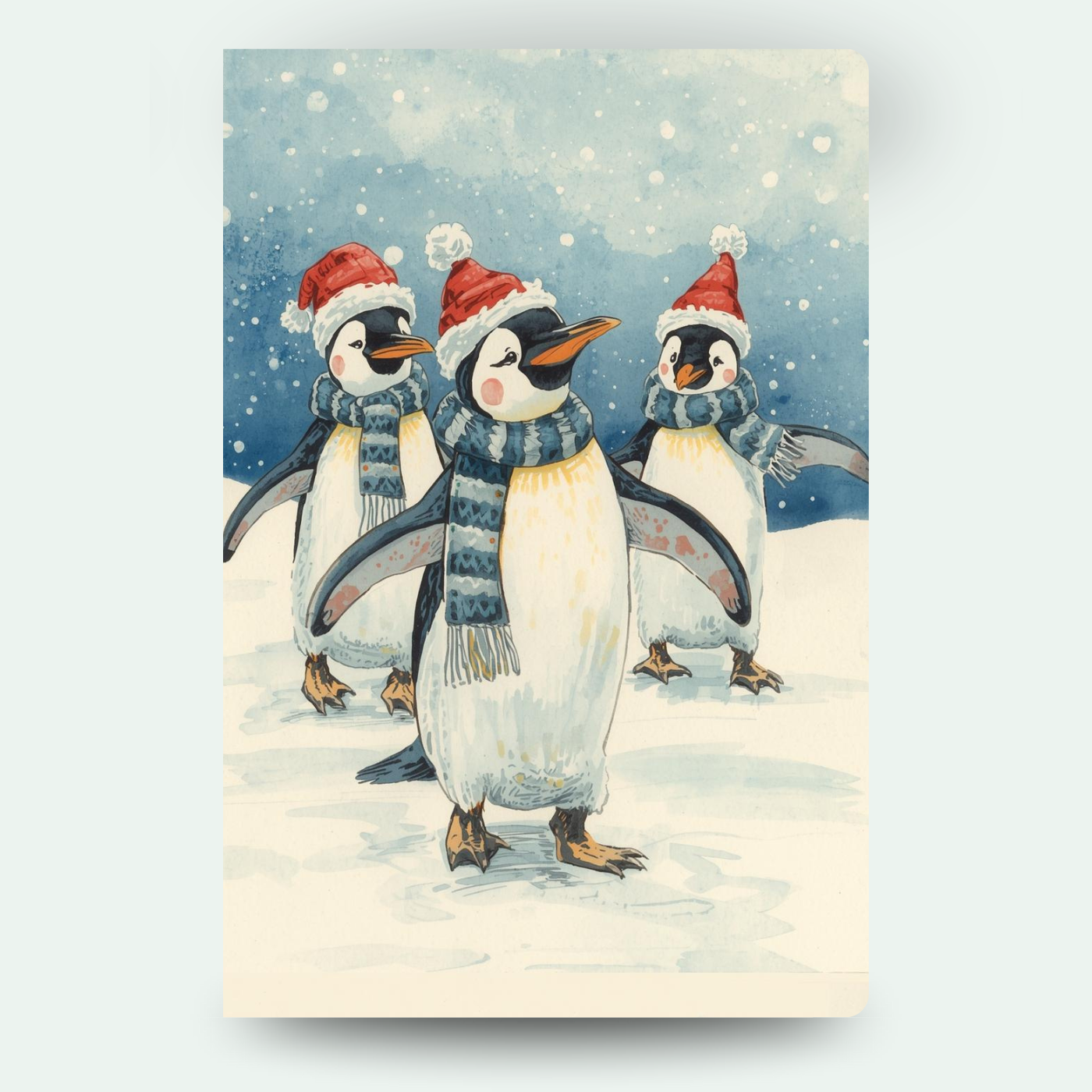 Drei Pinguine mit roten Mützen und Schals im Schnee – fröhliches Wintermotiv für individuelle Wackelbild-Weihnachtskarten.