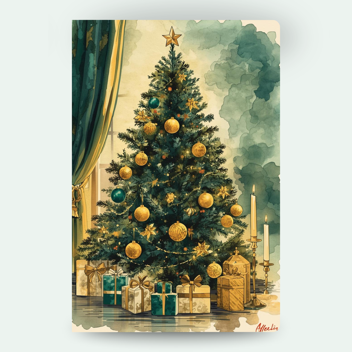 Festlich geschmückter Weihnachtsbaum in Grün und Gold, umgeben von Geschenken und Kerzen – warmes, magisches Weihnachtsmotiv für individuelle Wackelbild-Weihnachtskarten