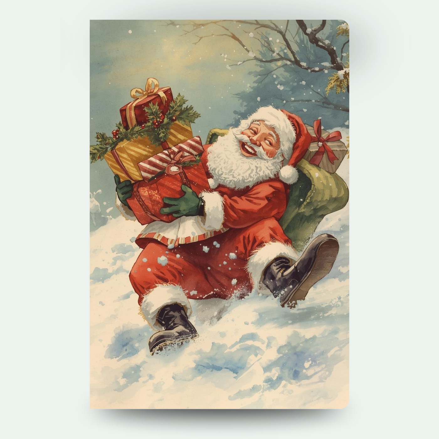 Fröhlicher Weihnachtsmann, der mit Geschenken durch den Schnee rutscht – festliches Weihnachtsmotiv für individuelle Wackelbild-Weihnachtskarten.