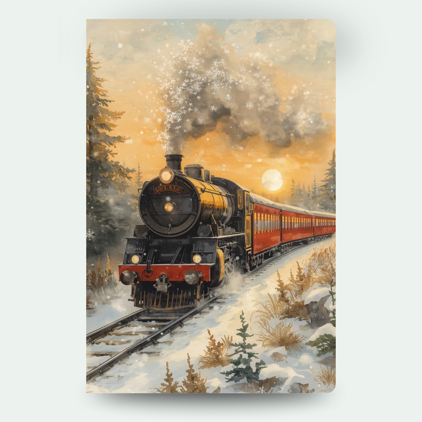 Dampflok im Schnee bei Sonnenuntergang, umgeben von winterlicher Landschaft – stimmungsvolles Motiv für individuelle Wackelbild-Weihnachtskarten.