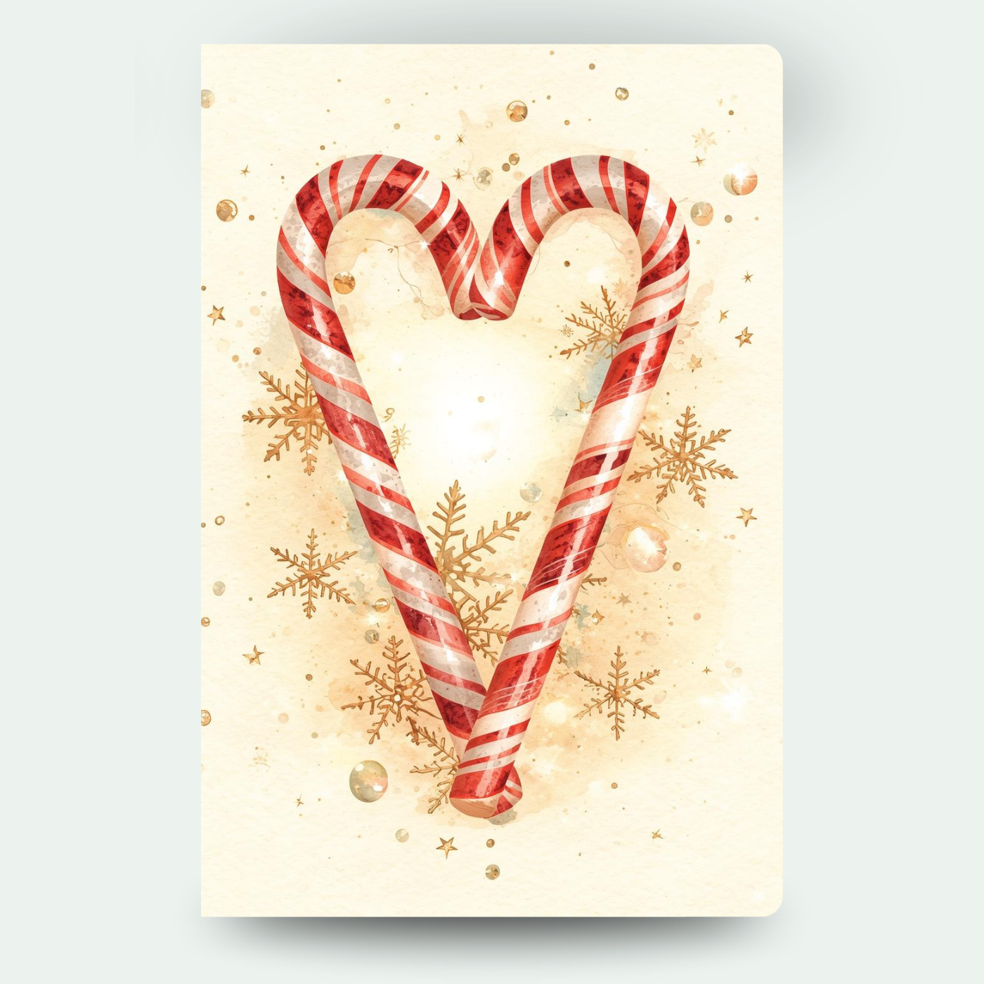 Rotes Zuckerstangen-Herz mit goldenen Schneeflocken auf hellem Hintergrund – festliches Motiv für individuelle Wackelbild-Weihnachtskarten.