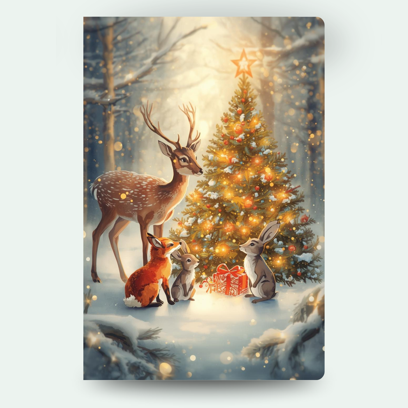 Tiere im verschneiten Wald um einen Weihnachtsbaum mit Geschenk – warmes Motiv für individuelle Wackelbild-Weihnachtspostkarten.